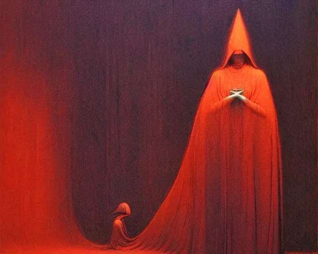 Image similar to by francis bacon, beksinski, mystical redscale photography evocative. devotion to the scarlet!!! woman!!!, priestess in a conical!!! hat, coronation, ritual, sacrament