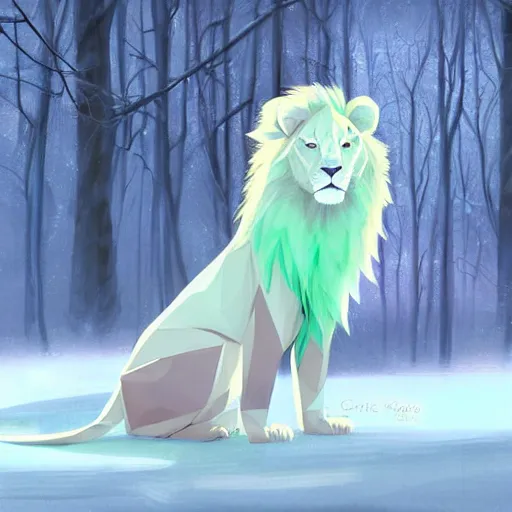 Image similar to aesthetic portrait commission of a albino male furry anthro low-poly lion wearing a cute mint colored cozy soft pastel winter outfit, winter Atmosphere. Character design by charlie bowater, ross tran, artgerm, and makoto shinkai, detailed, inked, western comic book art, 2021 award winning painting