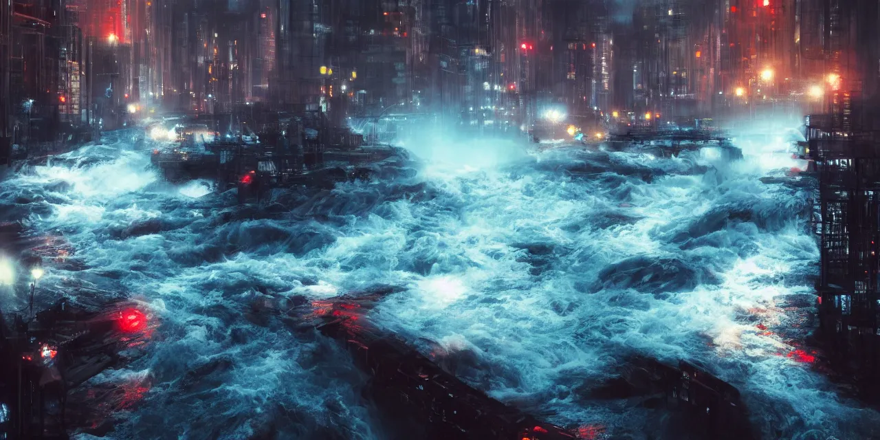 Image similar to street level view of turbulent river rapids rushing through a city at night , volumetric lighting, blue and red glowing lights, 4k, octane, digital painting, artstation, concept art, sharp focus, illustration, high contrast, high saturation , cinematic film still, by Jeremy Mann