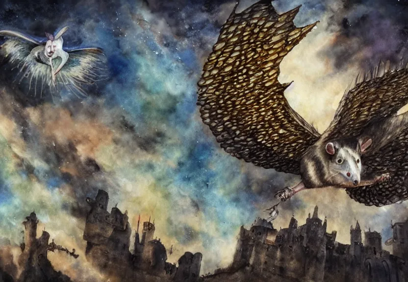 Prompt: the legendary glorious winged possum is flying over a medieval castle under the dark starred sky, dark fantasy, watercolor, dreaming illusion, highly detailed, 4k, trending on Artstation, award-winning