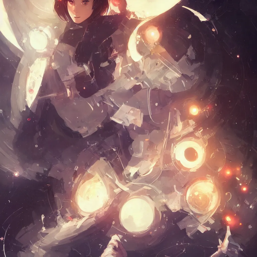 Image similar to a beautiful female scientist holding a small black hole in her hands, anime art, symmetrical facial features, symmetrical proportions, illustration, style by jordan grimmer and greg rutkowski