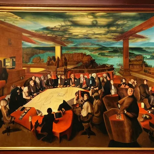 Prompt: HD photo of a boardroom filled with eldritch abominations wearing business suits. Composition reminiscent of a Renaissance oil painting.