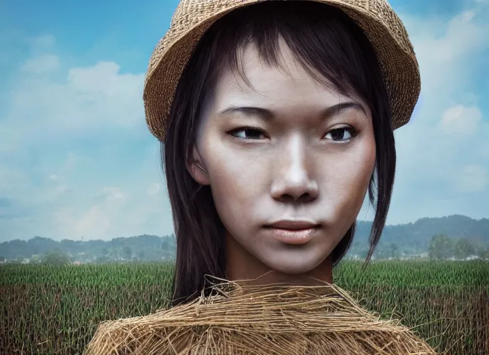 Image similar to realistic portrait photorealistic, background in the rice fields. woman in clothes made of rice straw. fine art, trending on artstation, smooth draw, sharp focus, good lighting, no anomalies.