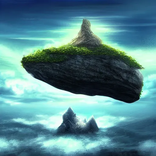 Image similar to a flying island in the sky, clouds background, a giant rock in the sky, epic fantasy style art, fantasy epic digital art