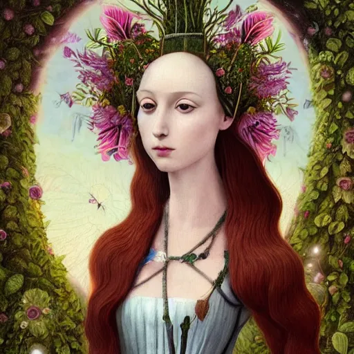 Image similar to a detailed portrait of young woman in renaissance dress and a surreal renaissance headdress, very surreal garden, cyberpunk, surreal tea party, strange creatures, by christian schloe and botticelli, naotto hattori, amy sol, roger dean, moody colors