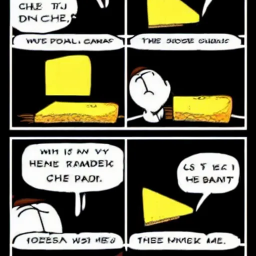 Image similar to a comic strip with 4 panels about cheese