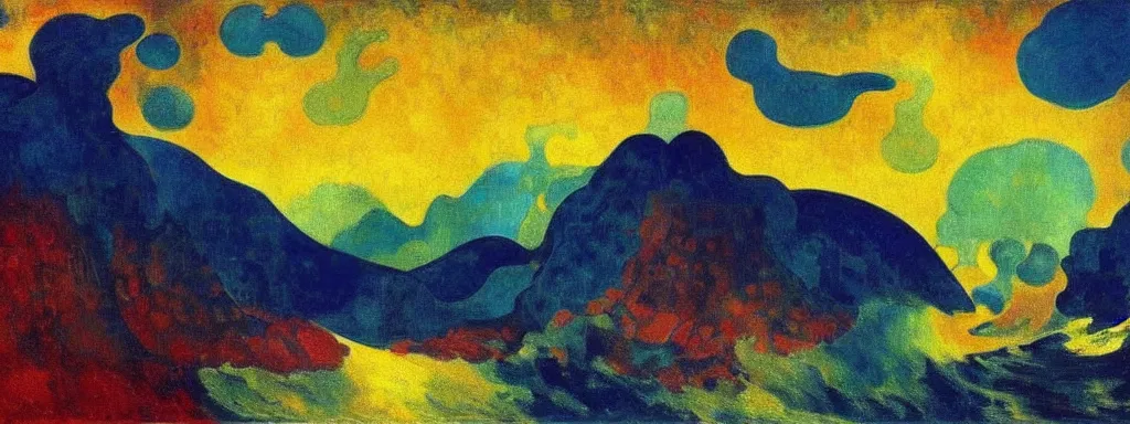 Prompt: An insane, modernist landscape painting. Wild energy patterns rippling in all directions. Curves, organic, zig-zags. Mountains, clouds. Rushing water. Waves. Psychedelic dream world. Ethereal. Odilon Redon. Andre Derain.