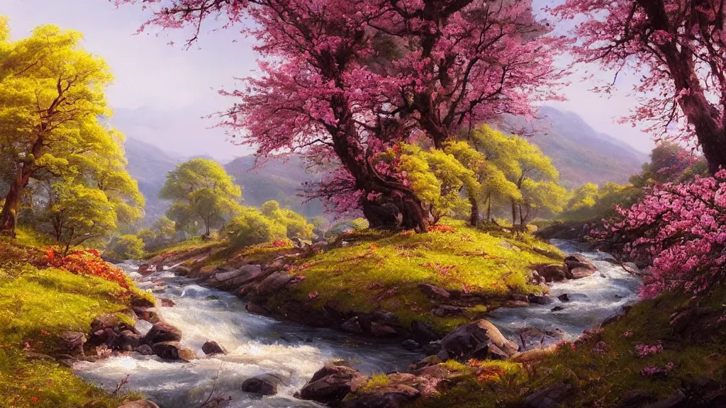 Image similar to A beautiful landscape oil painting of a hill with trees, the spring has arrived and the trees are blooming and covered with colorful flowers, the flowers are yellow, pink, purple and red, the river is zigzagging and flowing in its way, the river has lots of dark grey rocks, by Greg Rutkowski