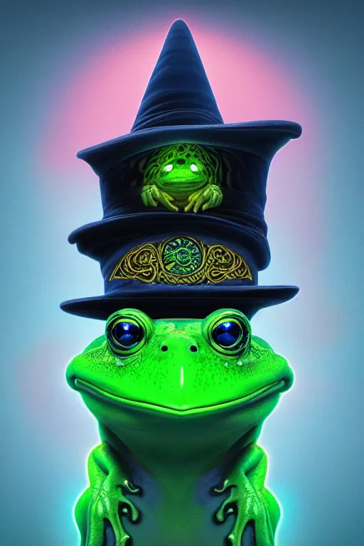 Image similar to Bioluminescent, portrait of frog wearing wizard hat, very intricate , trending on artstation , very elegant, in the golden hour by Dan Mumford and Moebius and Daniel Merriam, Trending on Artstation, oil on Canvas by Elena Zhurikhina and Goro Fujita and Charlie Bowater, octane render, 4k, 8k, HD