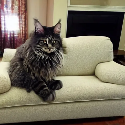 Image similar to a giant Main Coon cat destroyed the couch in a living room