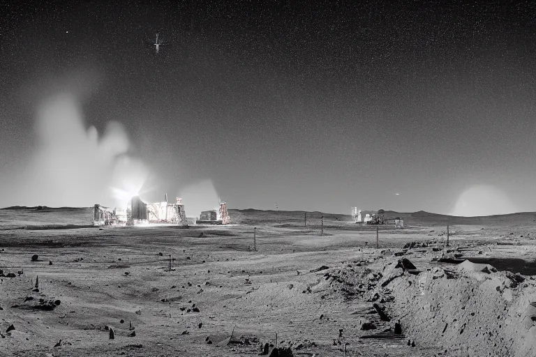 Prompt: a landscape photograph of a mining operation on the moon. plumes of dust are visible against the starry sky. stark contrast, vivid, award winning photography