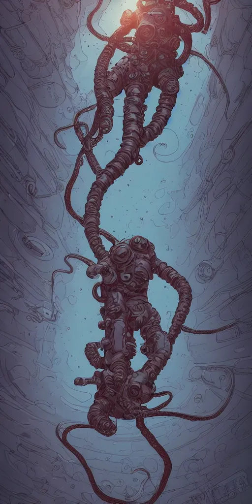 Image similar to eldritch astronaut with tentacle arms, style of james jean and laurie greasley and greg rutkowski, dynamic composition, dramatic lighting, hyper - realistic, ultra detailed, 8 k