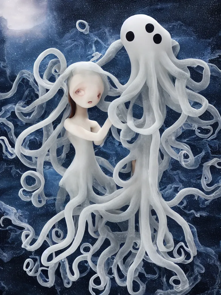 Image similar to cute fumo plush gothic translucent octopus maiden alien girl combing her hair in the waves of the wavering dark galactic abyss, ocean wave thunderstorm and reflective splashing water, black and white, ocean simulation, vignette, vray