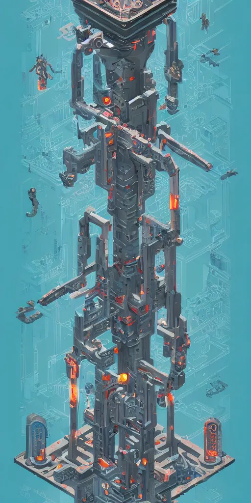 Image similar to isometric anatomy of the terminator, robot, cyborg, t100, diagrams, mystical, intricate ornamental tower floral flourishes, technology meets fantasy, map, infographic, concept art, art station, style of monument valley, giger, wes anderson