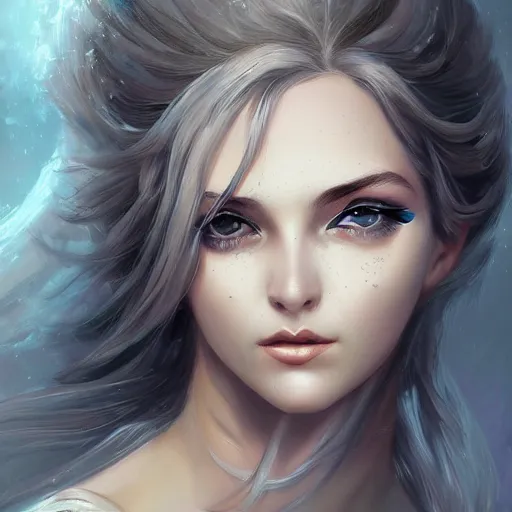 Prompt: portrait of a goddess, silver starry eyes, in the style of Charlie Bowater and Gabrielle Ragusi, trending on artstation, highly detailed, realistic