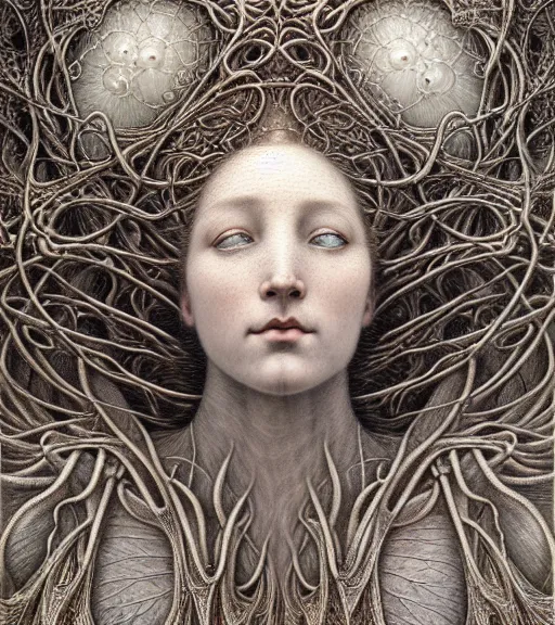 Prompt: detailed realistic beautiful frost goddess face portrait by jean delville, gustave dore, iris van herpen and marco mazzoni, art forms of nature by ernst haeckel, art nouveau, symbolist, visionary, gothic, neo - gothic, pre - raphaelite, fractal lace, intricate alien botanicals, ai biodiversity, surreality, hyperdetailed ultrasharp octane render