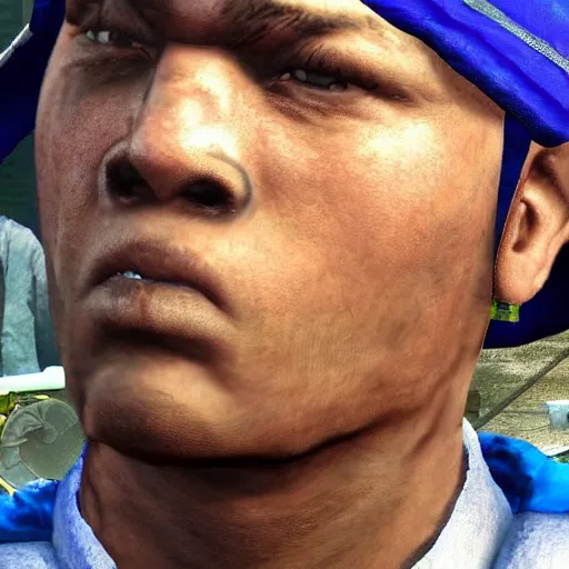 Prompt: a close up screenshot of a crips gang member in the game age of war ( 2 0 0 7 ), games by louissi, high quality