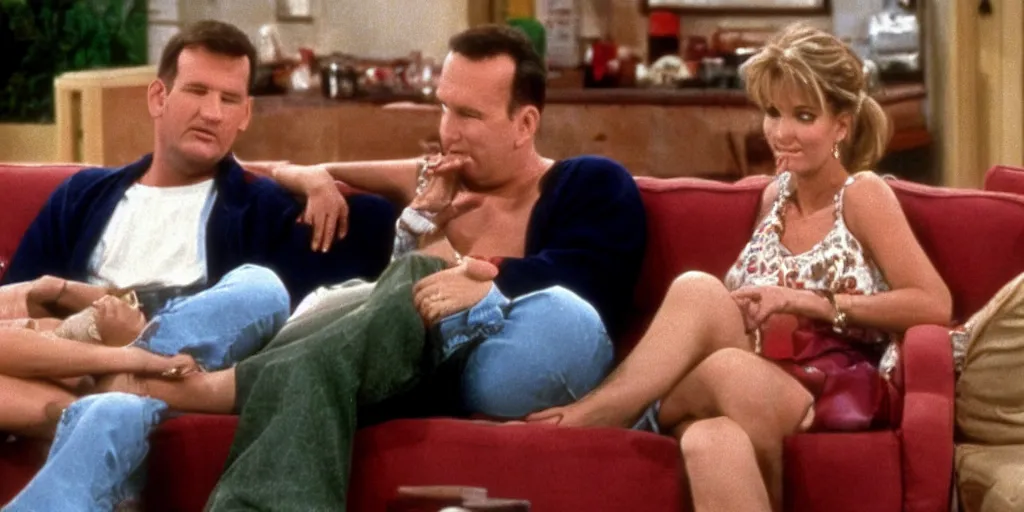 Image similar to Kelly Bundy sitting next to Al Bundy on the couch, Married with children (1989)