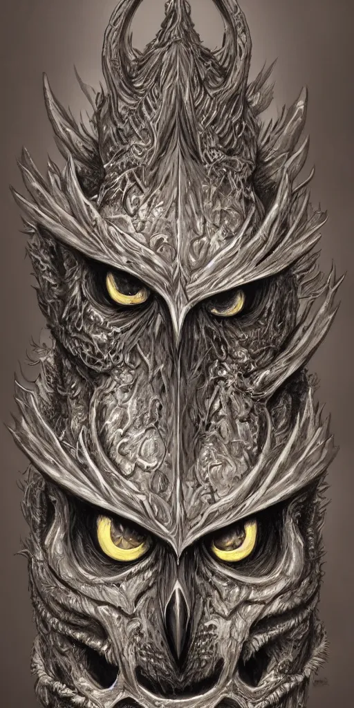 Image similar to sideview concept art of owl wear baphomet armor made with porcelain by jeff easley and peter elson, beautiful eyes and face, symmetry face, galaxy, gothic, surreal, dread, highly detailed, intricate complexity, epic composition, magical atmosphere, masterpiece, award winning, trending on artstation