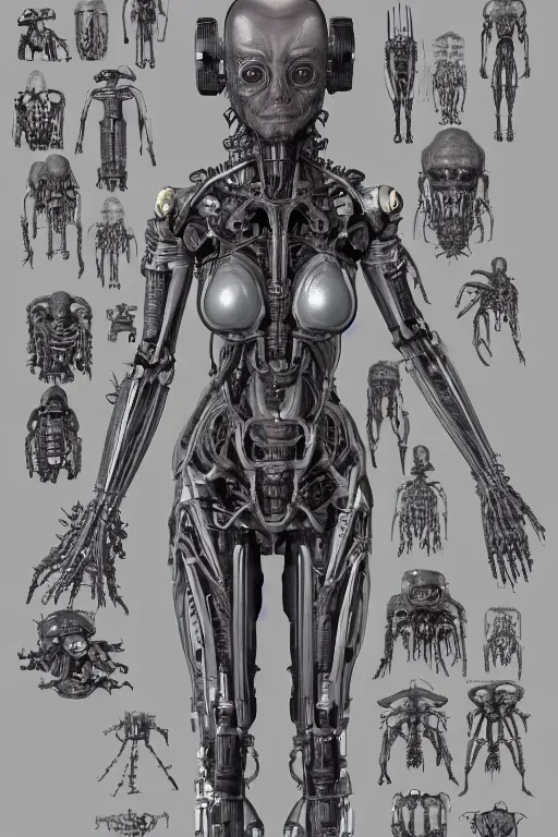 Prompt: cyborg lady with gunmetal grey skin, medical anatomy, very symmetrical face, highly detailed, mecha, three - perspective / three - view reference sheet ( front / back / side ), in the style of james gurney, dan ouellette, hr giger, sil from species, dren from splice, biomechanical, artstation, unreal engine