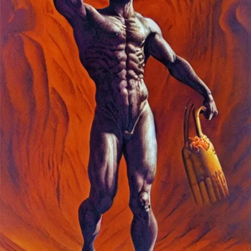 Prompt: spartan warrior standing in a pool of blood and sand artwork by boris vallejo