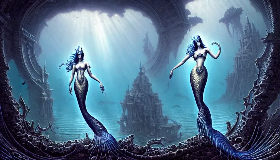 Image similar to a graceful beautiful mermaid looking at the sunken city of Atlantis deep under water, stunning undersea intricate detailed grand architecture in the style of Joe Fenton, art style by Greg Rutkowski and Mohrbacher and Gerald Brom and H. R. Giger, deep underwater scene, dark and moody, rays of sunlight, faint volumetric god rays, grim crushing atmosphere, trending on artstation, masterpiece, claustrophobic, dizzy, sharp focus, 8k octane beautifully detailed render, post-processing, extremely hyperdetailed, intricate, epic composition, grim yet sparkling atmosphere, cinematic lighting + masterpiece, trending on artstation, very detailed, Art Nouveau