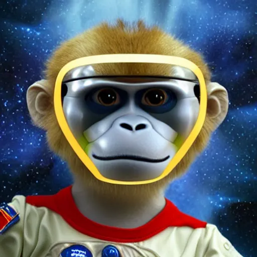 Image similar to a 3 d baby monkey wearing an cosmonaut outfit with a lightsaber, space, star wars, details