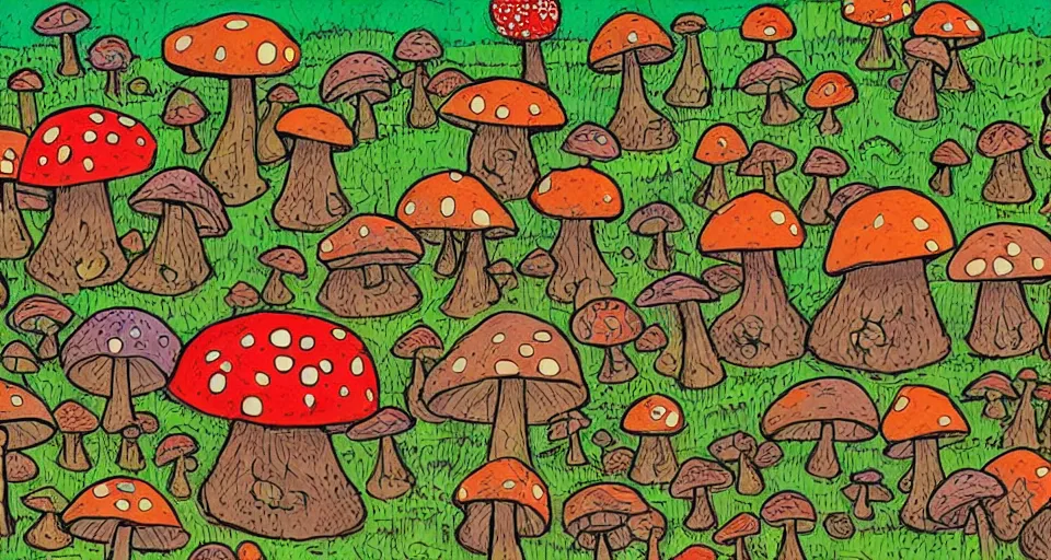 Image similar to A tribal village in a forest of giant mushrooms, by Jhonen Vasquez