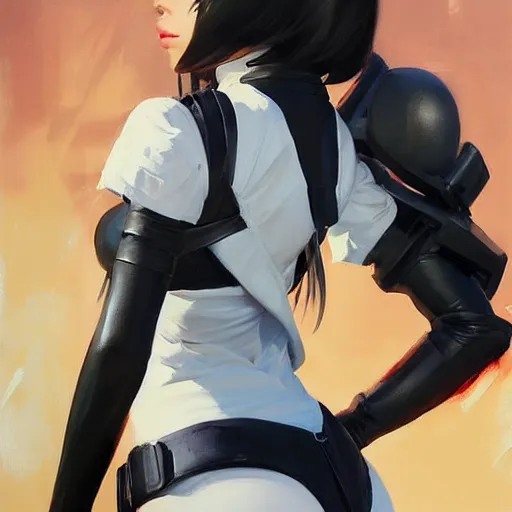 Image similar to greg manchess portrait painting of yorha type a no. 2 as tracy from overwatch, back shot, asymmetrical, profile picture, organic painting, sunny day, matte painting, bold shapes, hard edges, street art, trending on artstation, by huang guangjian and gil elvgren and sachin teng