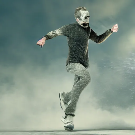 Prompt: a man with limbs and body dissolving disintegrating into dust, ashes, powder as he runs frantically with a look of fear on his face dynamic shocking medium shot very cinematic photorealistic