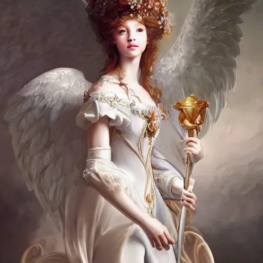 Image similar to A masterpiece portrait of a royal princess baroque rococo girl with tall white amazing with angel wings. trending on artstation, digital art, by Stanley Artgerm Lau, WLOP, Rossdraws, James Jean, Andrei Riabovitchev, Marc Simonetti, Yoshitaka Amano