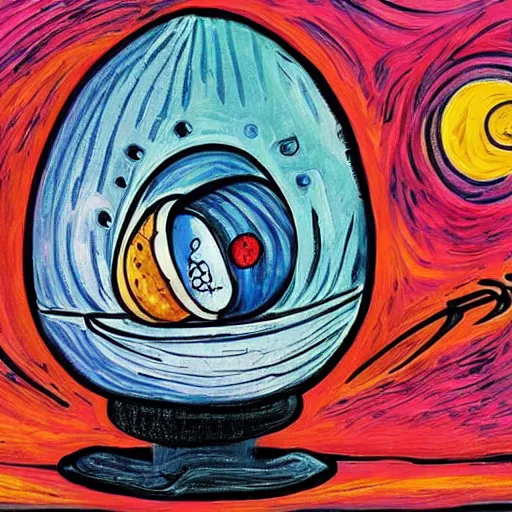 Prompt: painting of space ship in orbit around a planet, detailed, egg, colorful, shell, carapace, insect, bug, beatle, van gogh, hollow knight