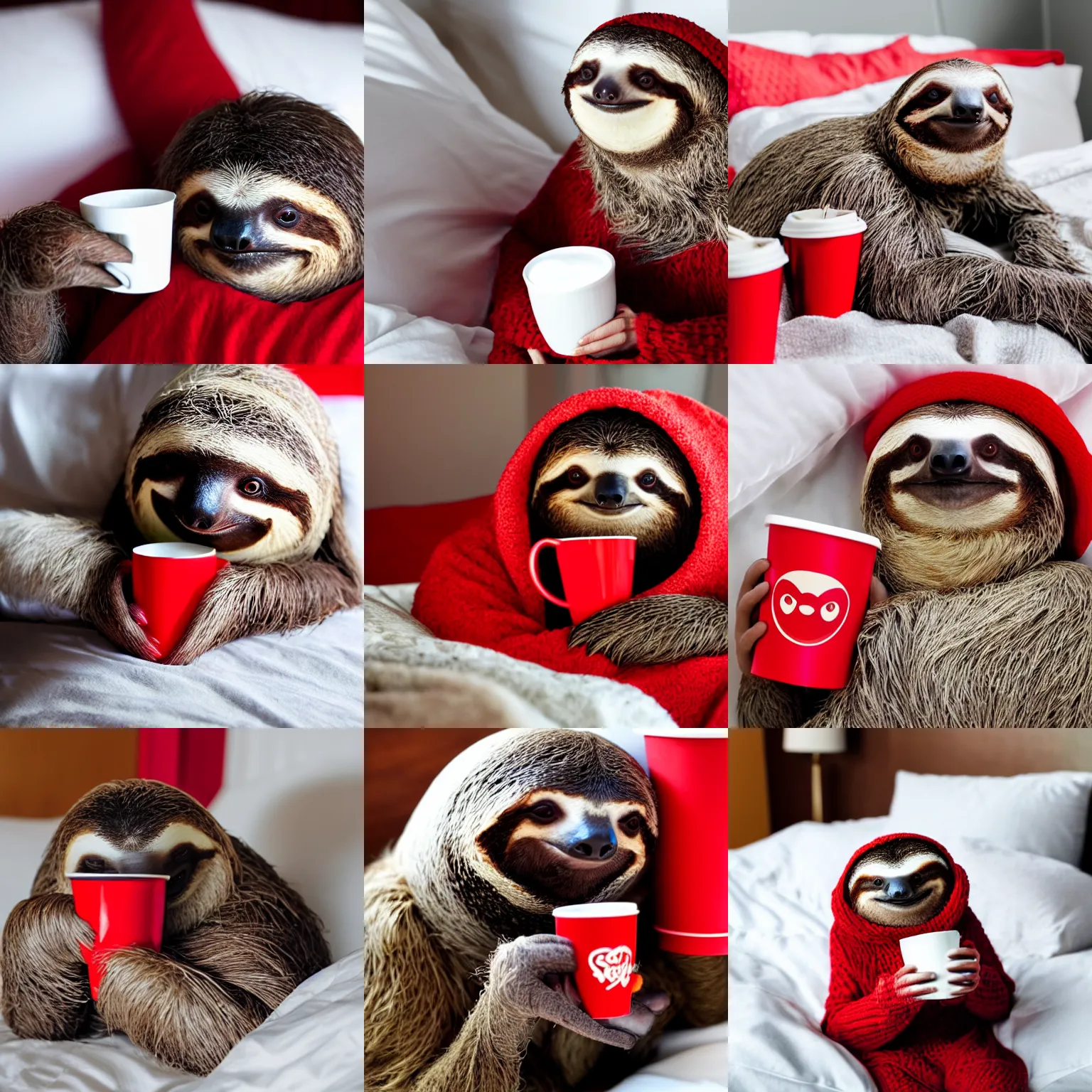 Prompt: a cozy sloth enjoying his morning coffee in bed with a red cup