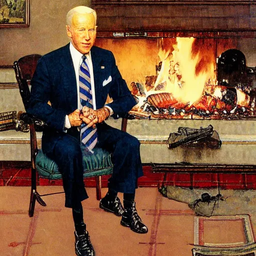 Prompt: a portrait painting by Norman Rockwell of Joe Biden sitting in a chair. Cozy fire. two Legs apart