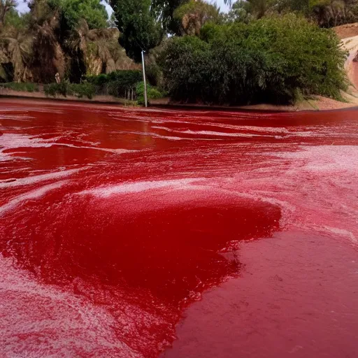 Prompt: image of a river of blood flowing near pyramids