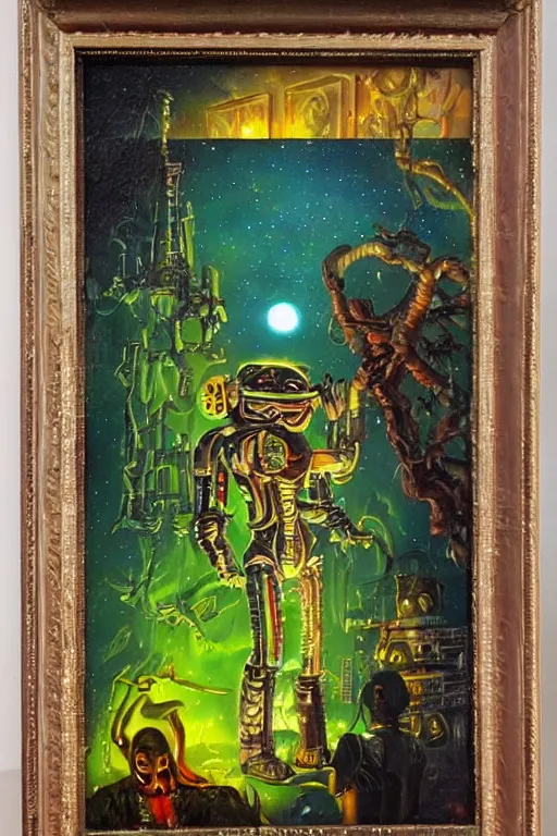 Prompt: haunted sci - fi by jack vance, mike mignogna, lisa frank, highly detailed, vintage dark sci fi, oil painting