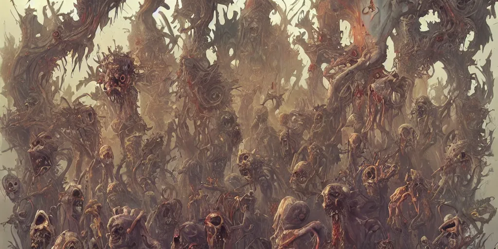 Image similar to A horror illustration layout design of a group of zombies melting into each other by Peter Mohrbacher and andrew ferez and Maximilian Pirner and aaron horkey and peter gric, trending on pinterest, medieval, rococo, maximalist, glittering, feminine, by artgerm