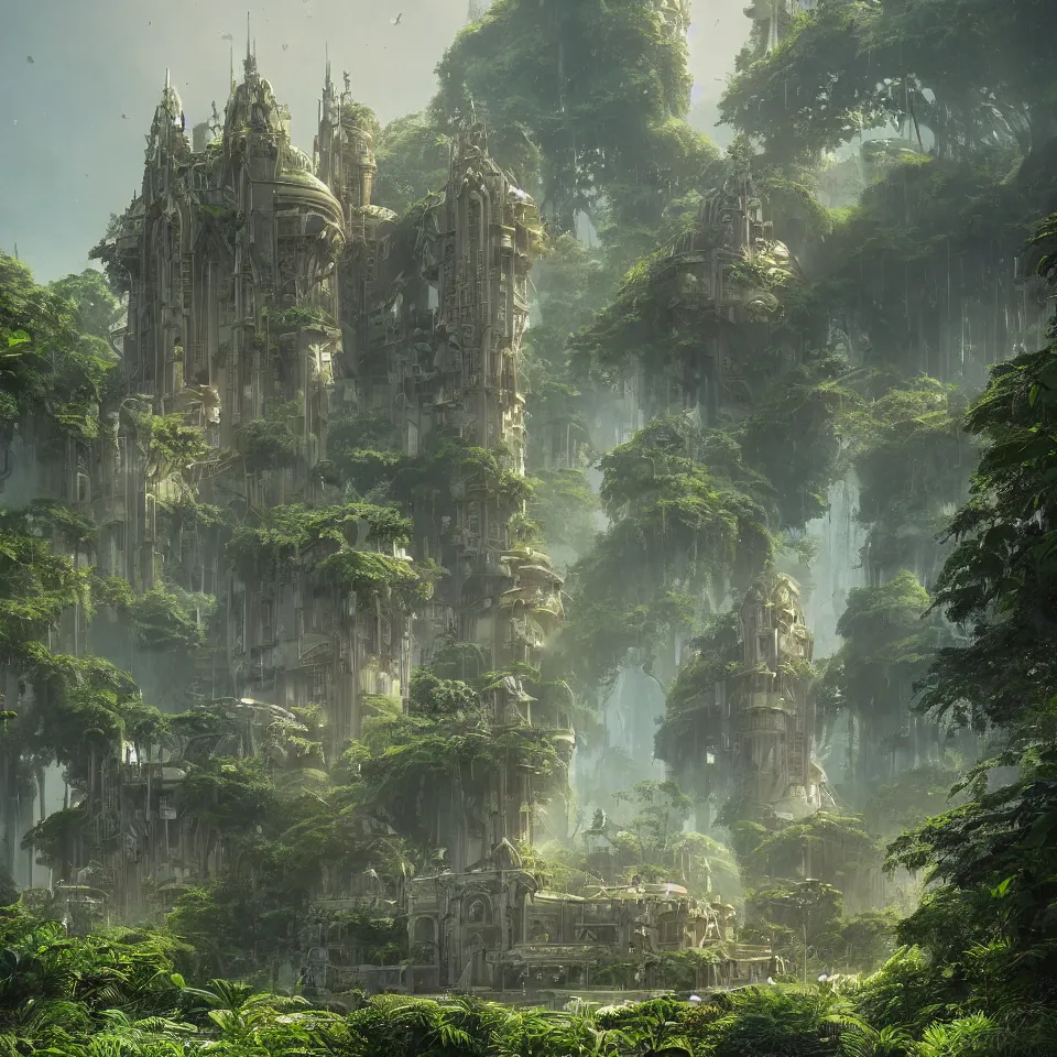 Prompt: A Luxury Monumental Futuristic Castle in Art Nouveau Architecture, movie concept art, Breath of the wilde, studio ghibli style, Lush vegetation with ferns, miyazaki, Craig Mullins dappled lighting, octane render, cinematic, photographic, realistic, highly detailed