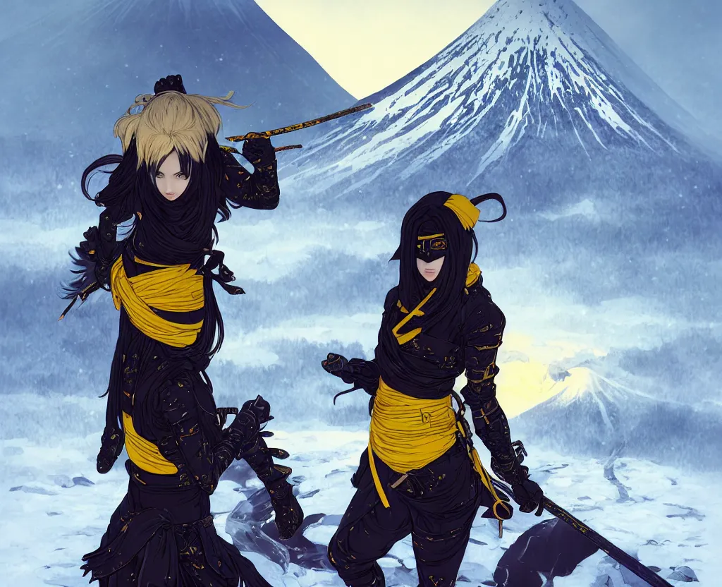 Image similar to portrait ninja gaiden girl, black plus little yellow ninja wardrobe, at snowy fuji mountain sunrise, ssci - fi and fantasy, intricate and very very beautiful, detailed, digital painting, artstation, concept art, smooth and sharp focus, illustration, art by tian zi and wlop and alphonse mucha