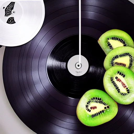 Image similar to vinyl turntable vinyl record in shape of huge round kiwi fruit, 4 k, unreal render, blender guru