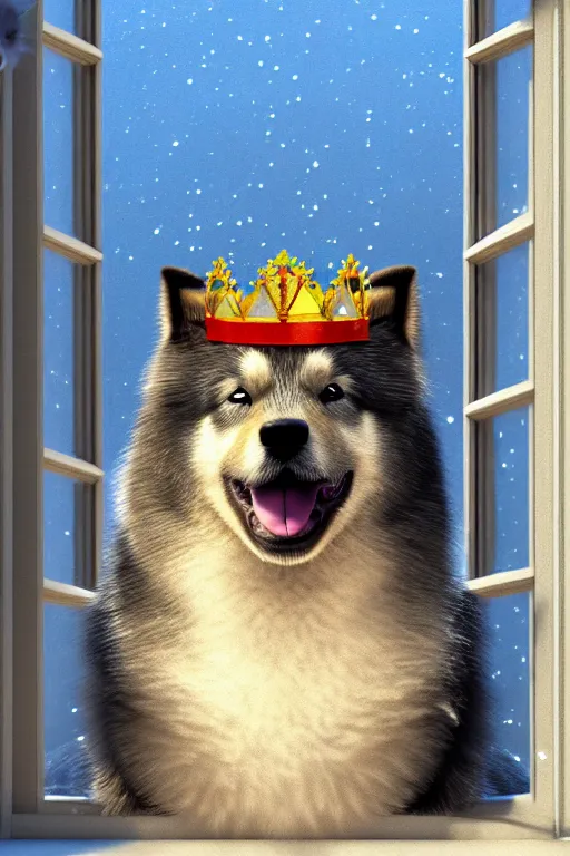 Image similar to happy finnish lapphund dog wearing a crown at house window. pixar disney 4 k 3 d render funny animation movie oscar winning trending on artstation