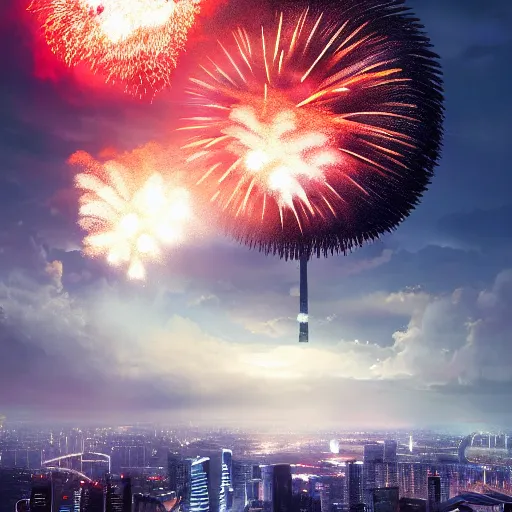 Prompt: Singapore city with a lion-shaped cloud in the sky and a squadron of chinooks flying in the sky and fireworks in the background, by greg rutkowski, red and white lighting, digital art, ultra realistic, ultra detailed, photorealistic, 4k, character concept