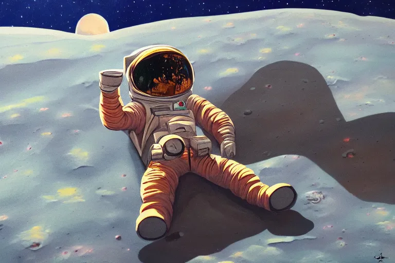 Image similar to an astronaut laying on mars in the style of flooko, acrylic art, detailed, moonlight,