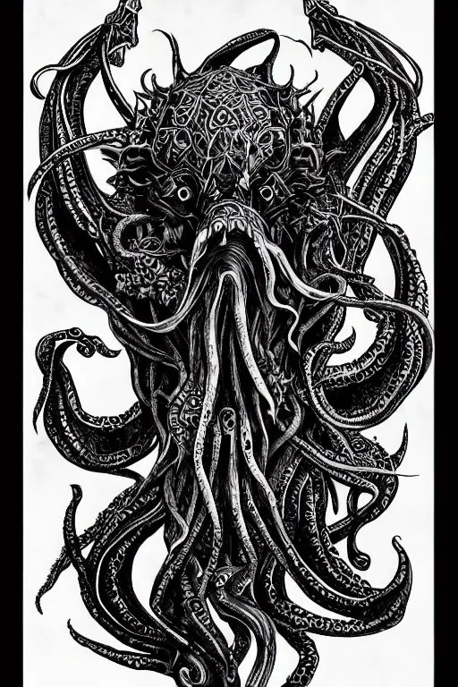 Image similar to cthulhu, black ink on paper, trending on artstation, beautiful, intricate, detailed