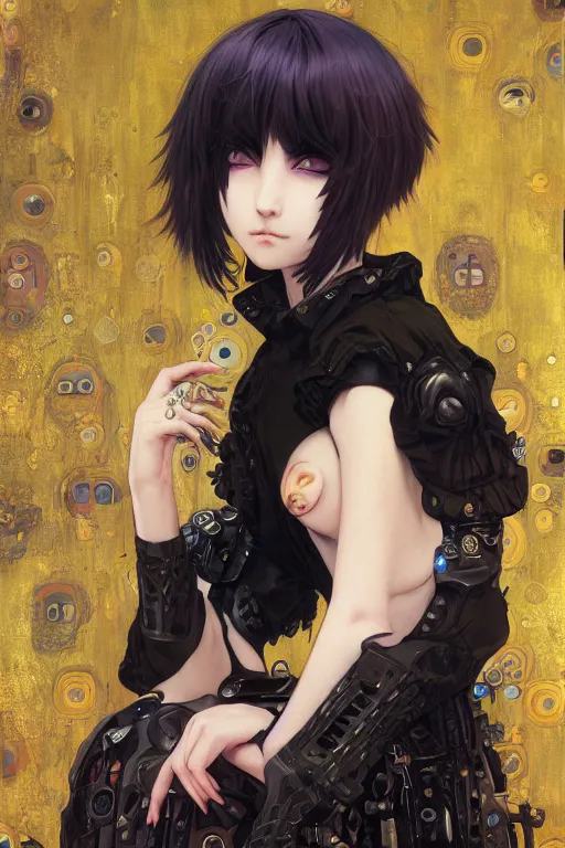 Prompt: portrait of beautiful young gothic cute anime maiden, cyberpunk, Warhammer, highly detailed, artstation, illustration, art by Gustav Klimt and Ilya Kuvshinov