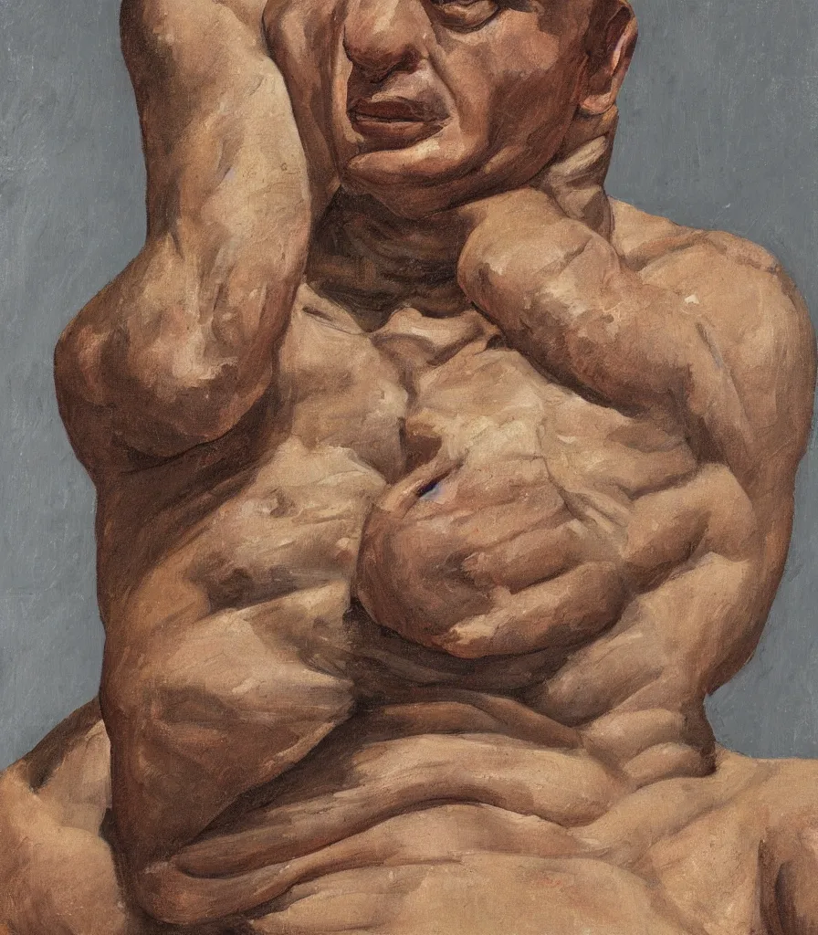 Image similar to portrait of a young man without shirt in the style of lucian freud. his face has many wrinkles, cuts and character. he is looking down. oil painting, thick brush strokes. shadows. clean gray brown background. lit by a single light from above his head. perspective from below. 5 0 mm