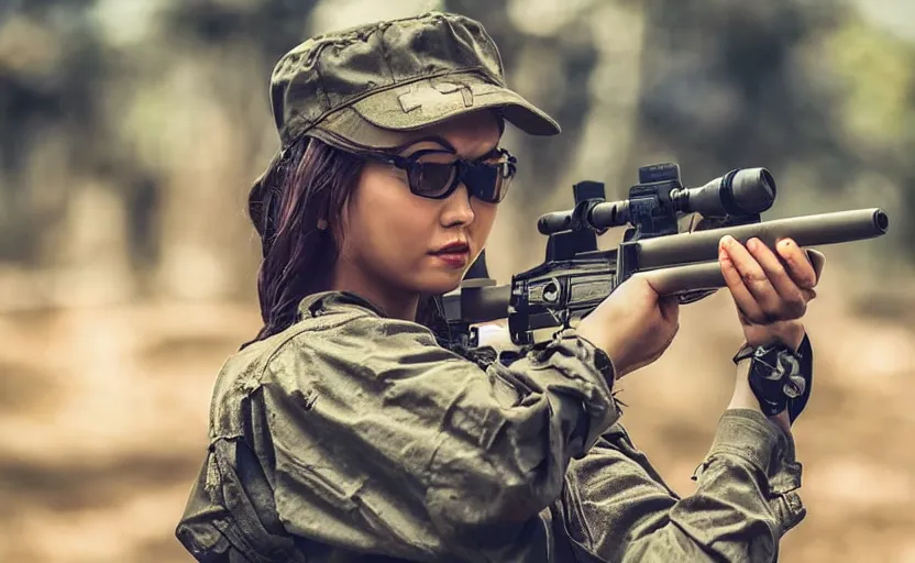 Prompt: photo of sniper shot on infantry girl, highly detailed, smoke dirt in background, high resolution, cosplay photo, stunning, girls frontline style, bokeh soft, shot on 7 0 mm, zenithal lightning, trending on instagram, by award winning photographer, real human faces, symmetrical facial features, modern warfare, shot with a professional camera, low saturation