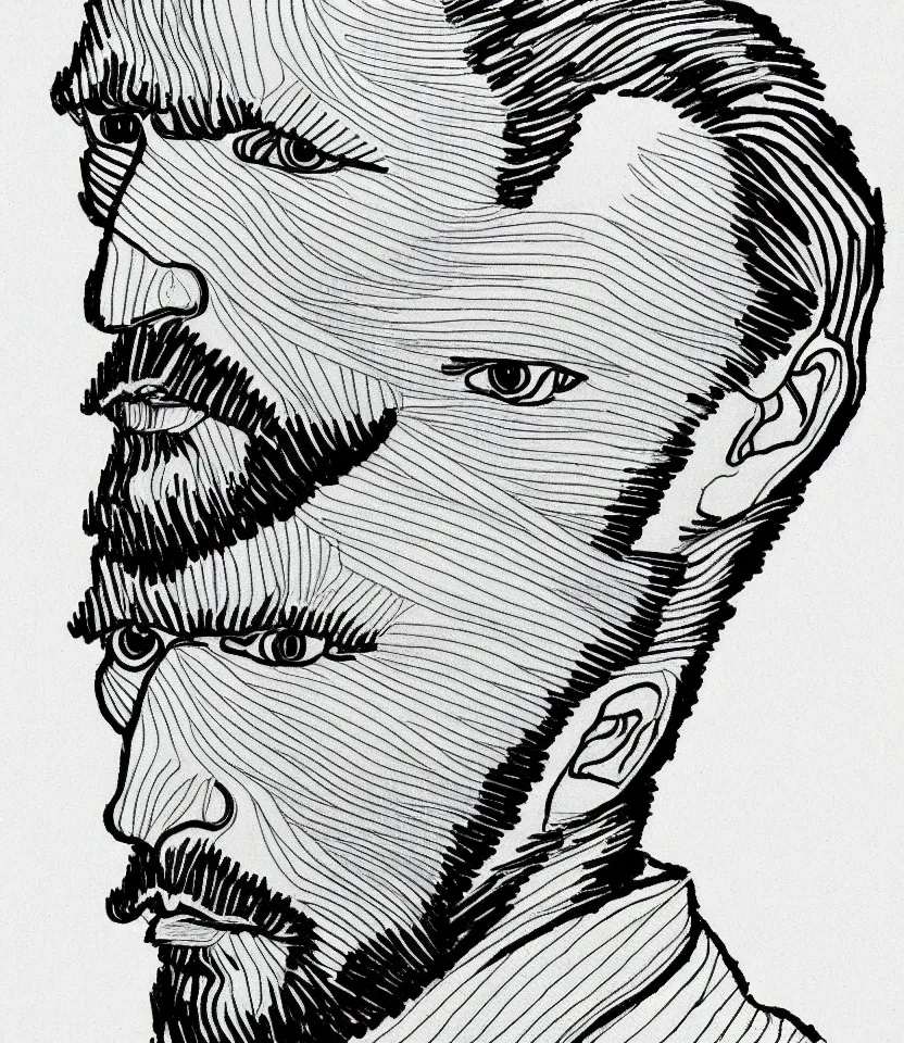 Prompt: elegant minimalist line art portrait of vincent van gogh. inspired by egon schiele. contour lines, graphic musicality, twirls, curls and curves, strong confident personality, staring at the viewer