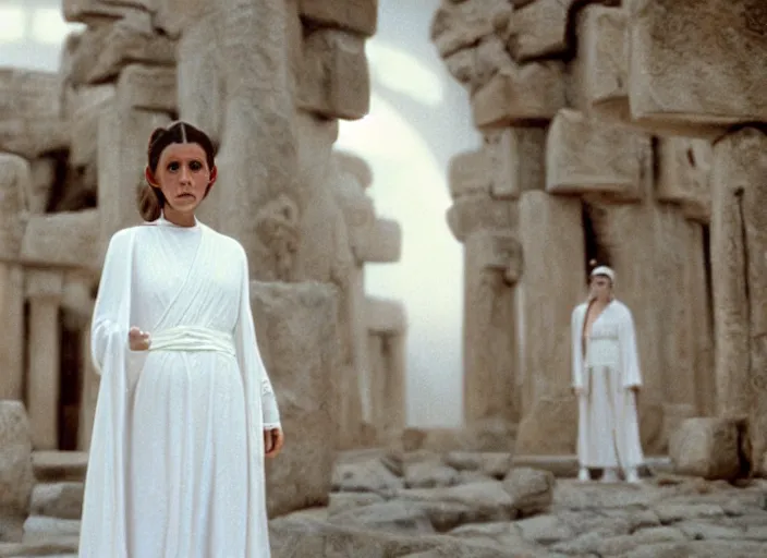 Prompt: epic portrait screenshot of princess Leia in thin white robe, approaching an ancient temple in the distance, iconic scene from the 1980s film directed by Stanley Kubrick, cinematic lighting, kodak film stock, strange, hyper real, stunning moody cinematography, with anamorphic lenses, crisp, detailed portrait, 4k image