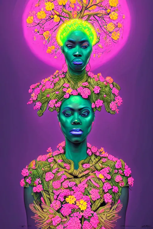 Image similar to illustration lowbrow cinematic super expressive! yoruba goddess with exoskeleton armor, merging with tree in a forest, pink yellow flowers, highly detailed digital art masterpiece, smooth etienne sandorfi eric zener dramatic pearlescent soft teal light, ground angle uhd 8 k, sharp focus